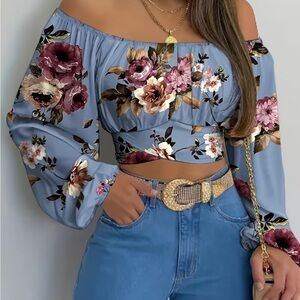 Off-Shoulder Floral Crop Top in Dusty Blue